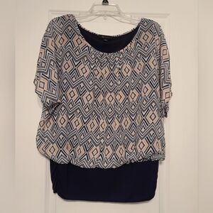 Women's AB Studio Sz L Navy/White/Pink Pattern Blouse, EC